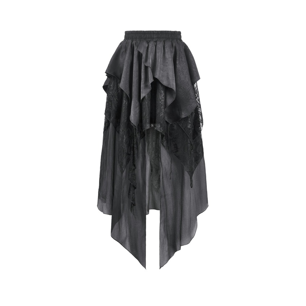 Dark in Love - Ruffled with Jacquard Texture and Irregular Tiered Lace Mesh Long skirt - Black